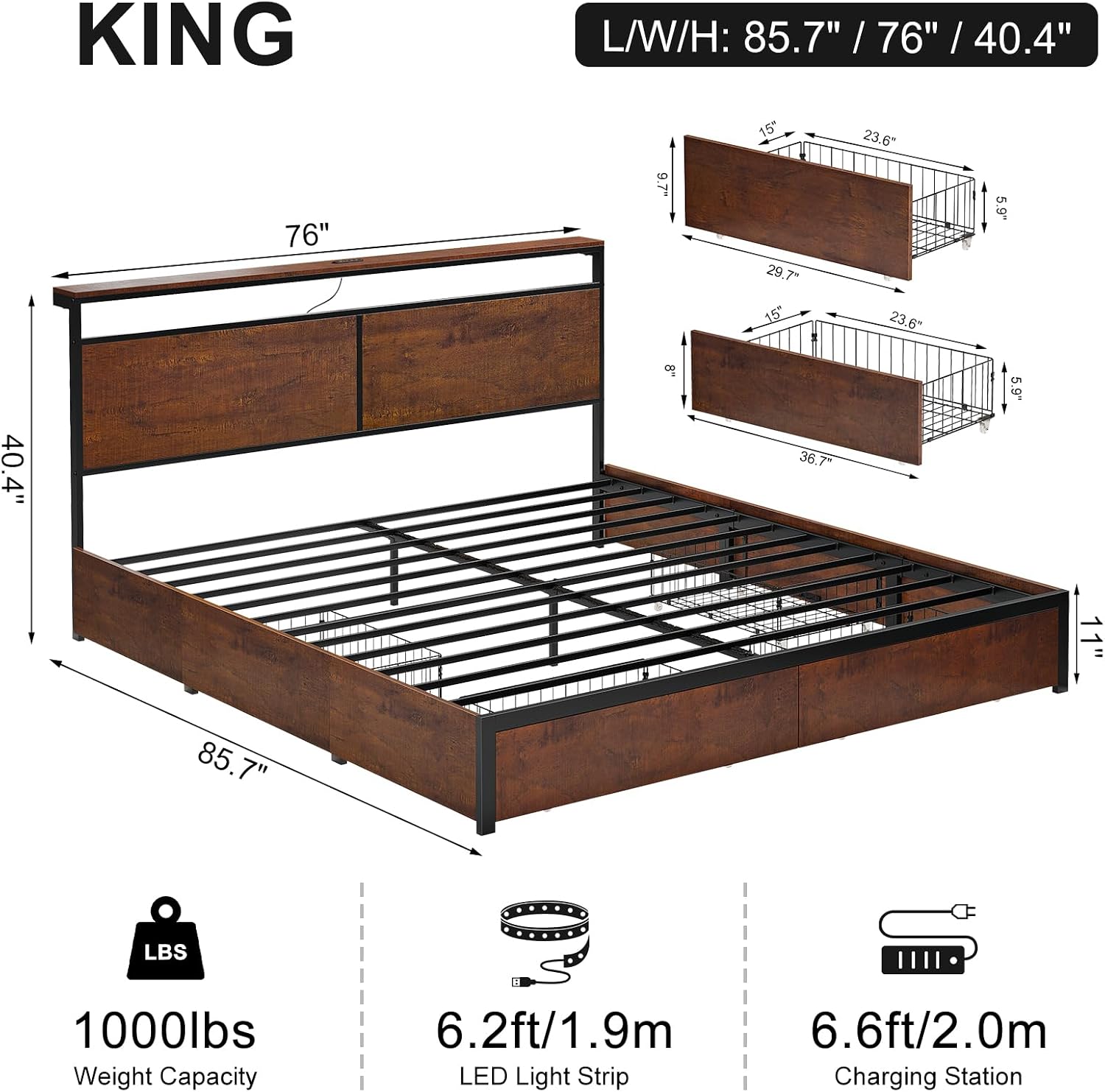 HAUSOURCE King Bed Frame with 4 Storage Drawers Metal Platform Bed Frame King Size with Headboard Charging Station LED Lights Non-Slip Without Noise No Box Spring Needed