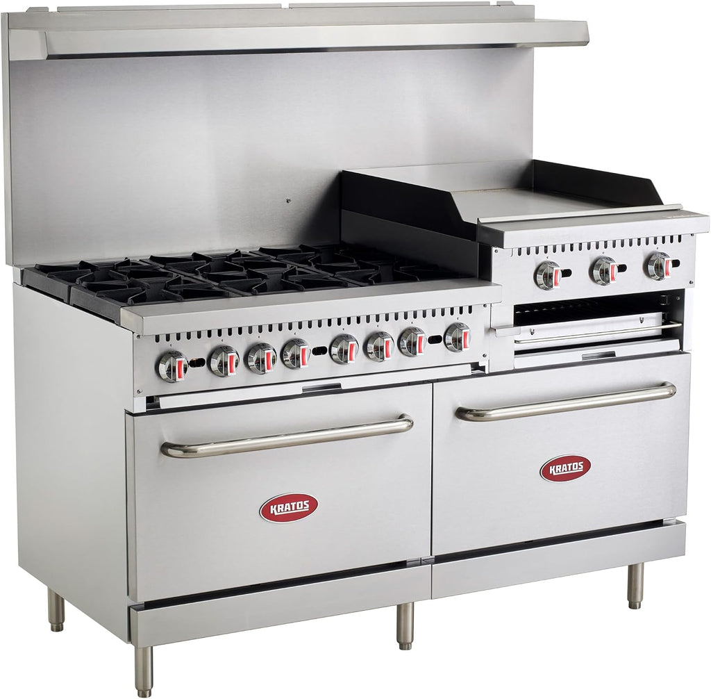 Kratos Commercial Gas Range, 60' Wide with 24' Griddle/Broiler, 6 Burners, and 2 Standard Ovens, Natural Gas (29Y-172-NAT)