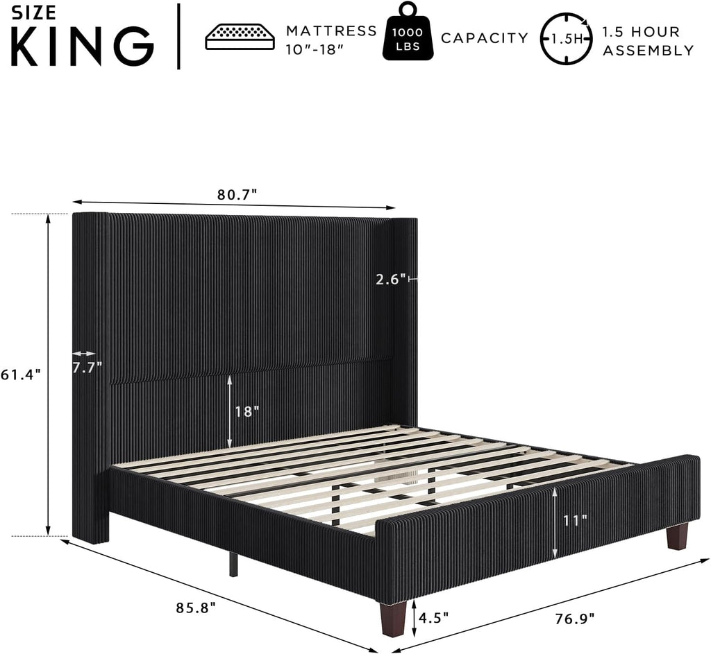 HOWE King Size Bed Frame with 61.4' Extra Tall Headboard, Corduroy Upholstered Bed with Vertical Wingback Headboard, No Box Spring Needed/Noise Free/Solid Wood Slats & Legs/Black