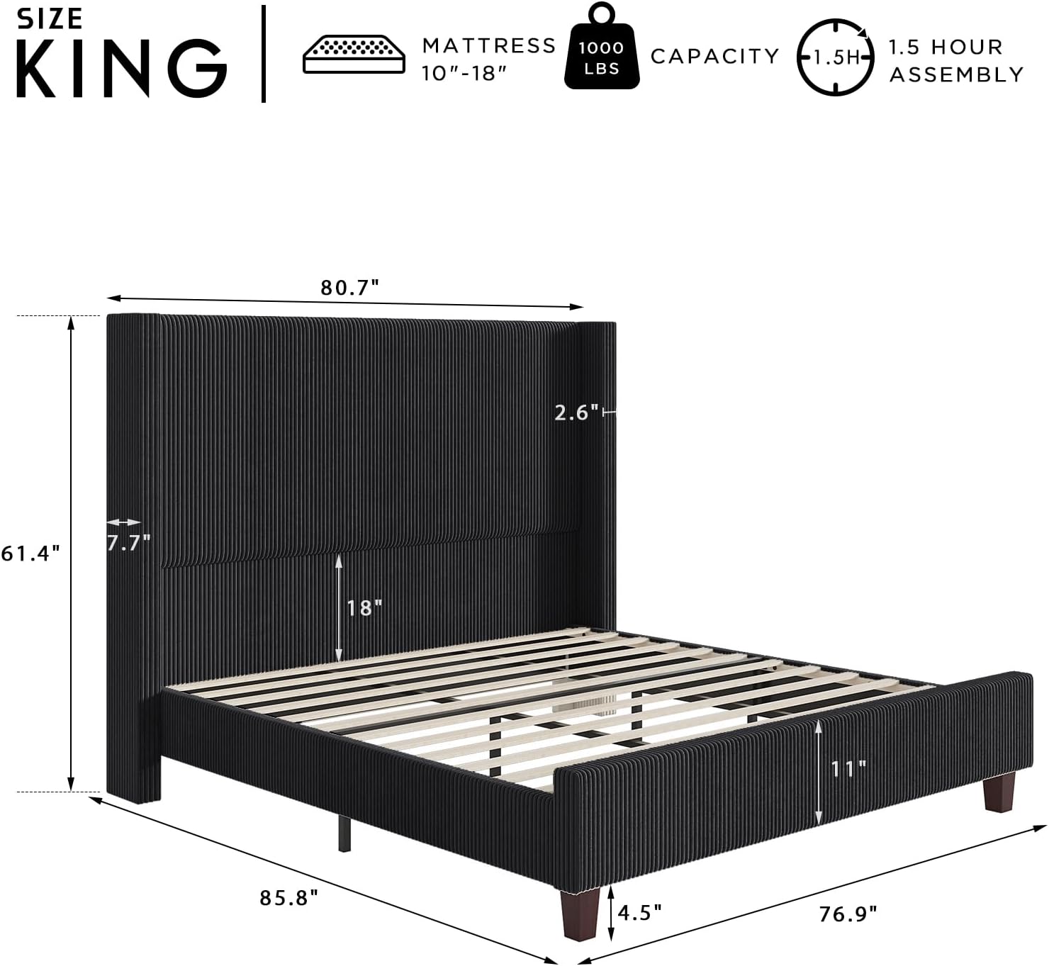 HOWE King Size Bed Frame with 61.4' Extra Tall Headboard, Corduroy Upholstered Bed with Vertical Wingback Headboard, No Box Spring Needed/Noise Free/Solid Wood Slats & Legs/Black