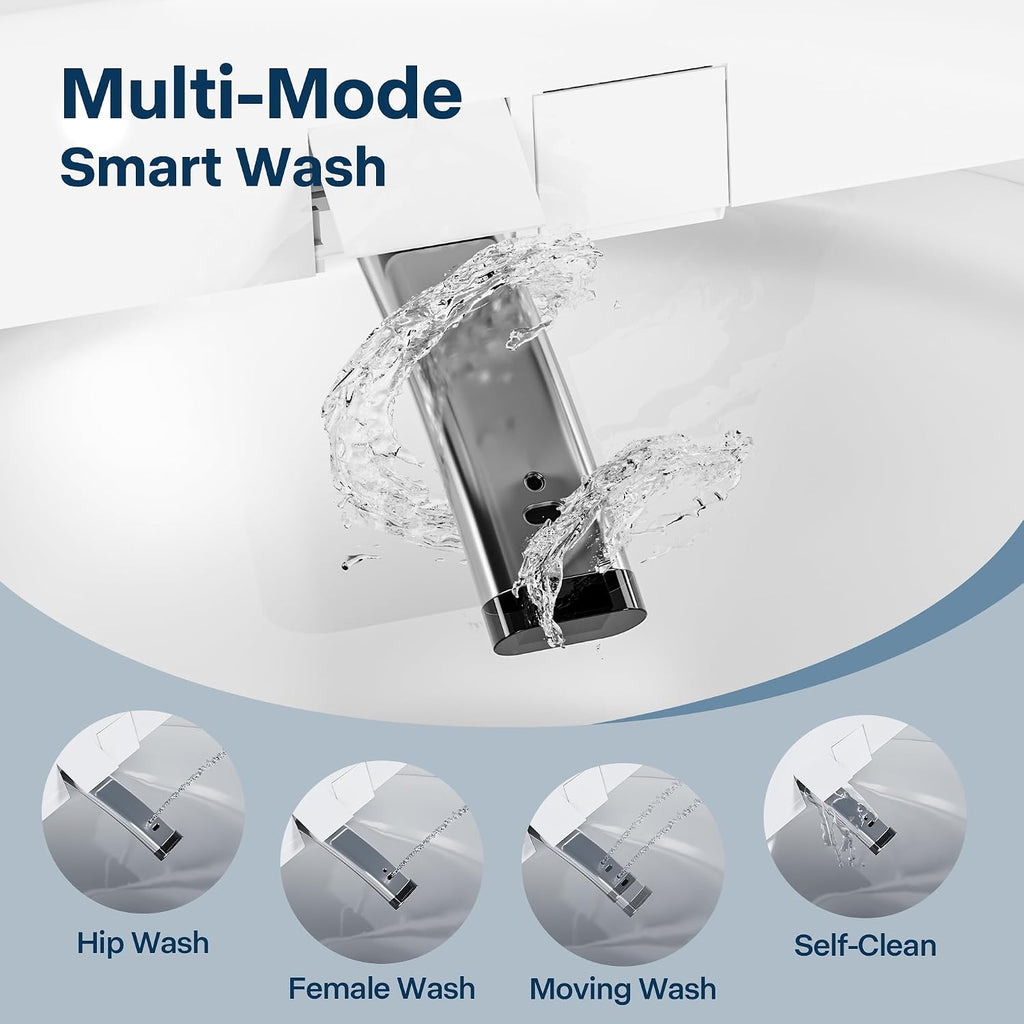 Electric Toilet Seat Elongated with Voice Control, Heated Toilet Seat with Warm Water & Dryer, Radar Sensor Auto Open/Close, LED Temp Display, Electric Bidet Toilet Seat for Bathroom