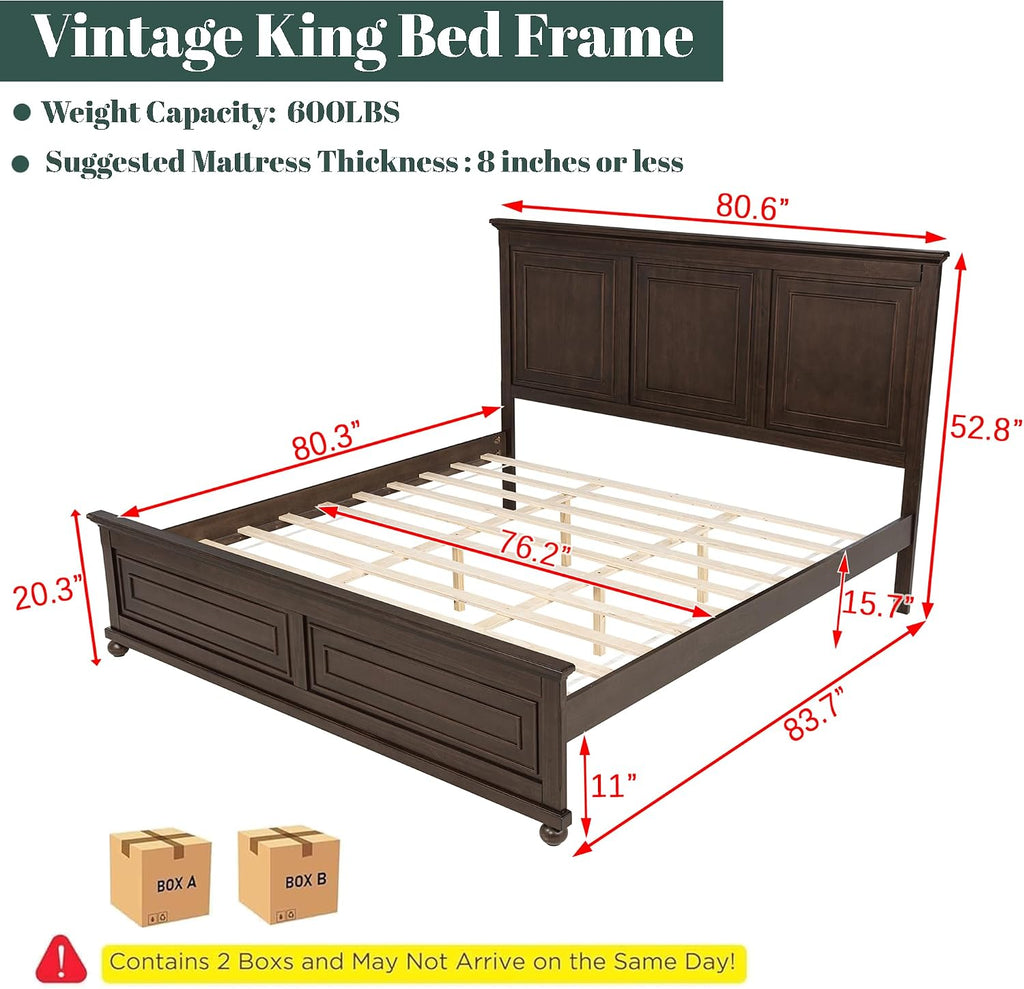 Mirightone King Size Platform Bed with Tall Headboard & Footboard, Pinewood King Bed Frame with Wood Panel Bed Base, No Squeak, No Box Spring Needed, Traditional Style, Brown