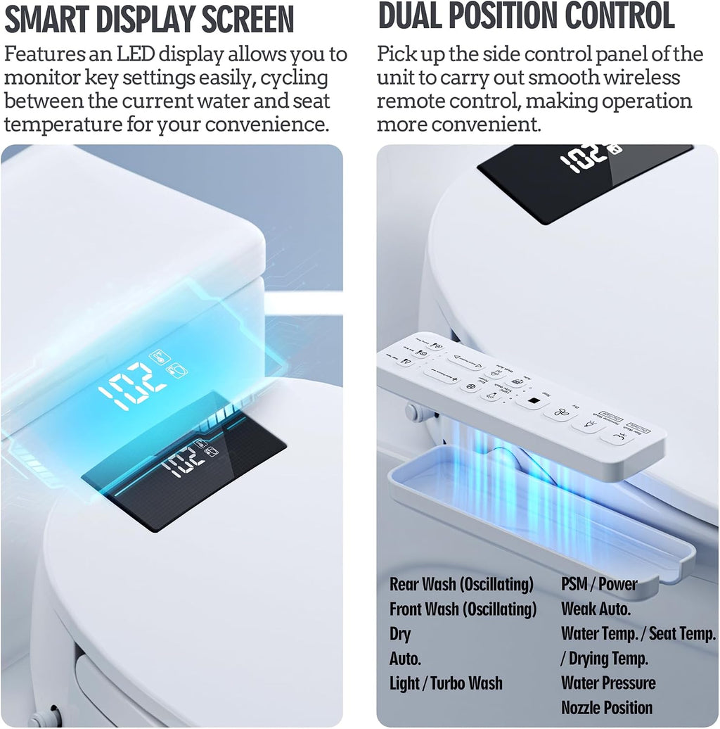 WLJBIDET Heated Bidet Toilet Seat with Dual-Position Control Mode, Side Panel & Remote Control, Self-Cleaning Nozzle, Adjustable Warm Water and Dryer, Display Screen, Night Light, Elongated