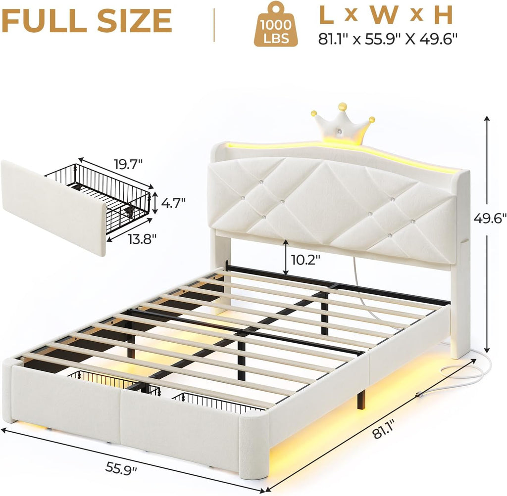 MSmask Full LED Bed Frame with Storage Headboard & 2 Storage Drawers, Princess Upholstered Bed with Charging Station & Crystal Button & Crown, Velvet Platform Bed for Girls, Curved Legs, Cream White