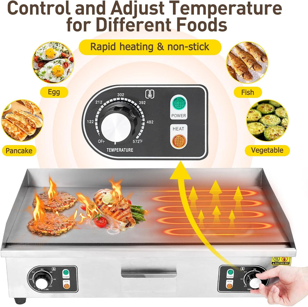 30' Commercial Electric Griddle,110V 3000W Stainless Steel Electric Flat Top Griddle, Non-Stick Plate,Adjustable Temperature Control 122°F-572°F Countertop Griddle for Home Restaurant