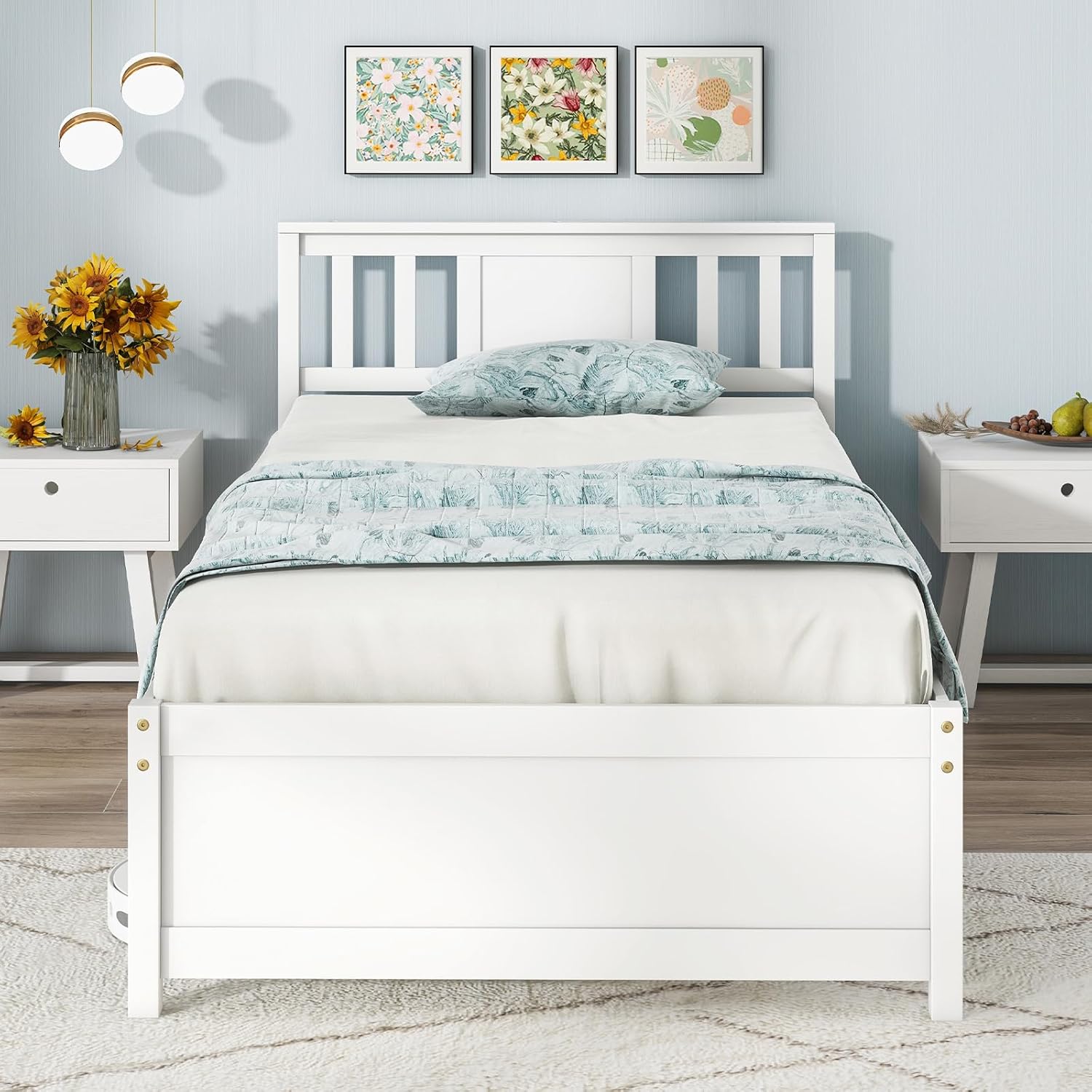 Giantex Wood Twin Bed Frames with Headboard, Mid Century Solid Wood Platform Bed with Wood Slat Support, Single Panel Bed, No Box Spring Needed, Twin Bed Frames for Kids, White