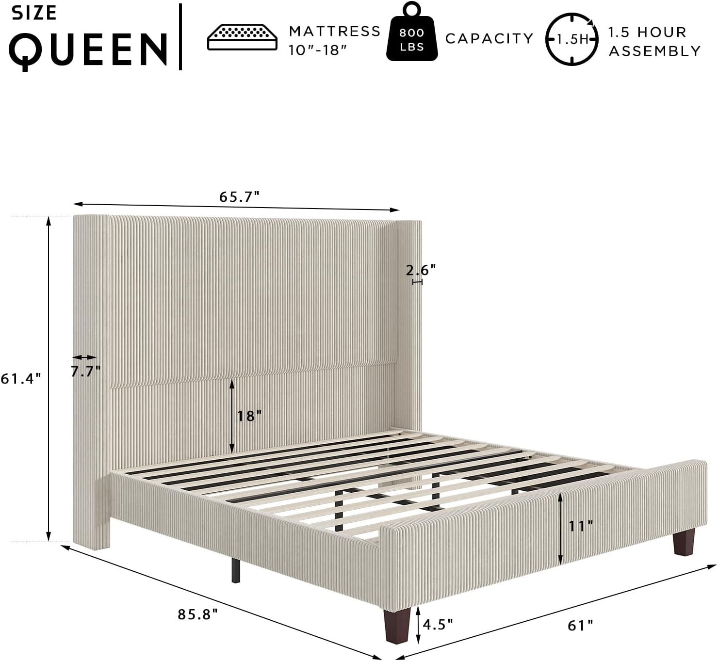 HOWE Queen Size Bed Frame with 61.4' Extra Tall Headboard, Corduroy Upholstered Bed with Vertical Wingback Headboard, No Box Spring Needed/Noise Free/Solid Wood Slats & Legs/Cream