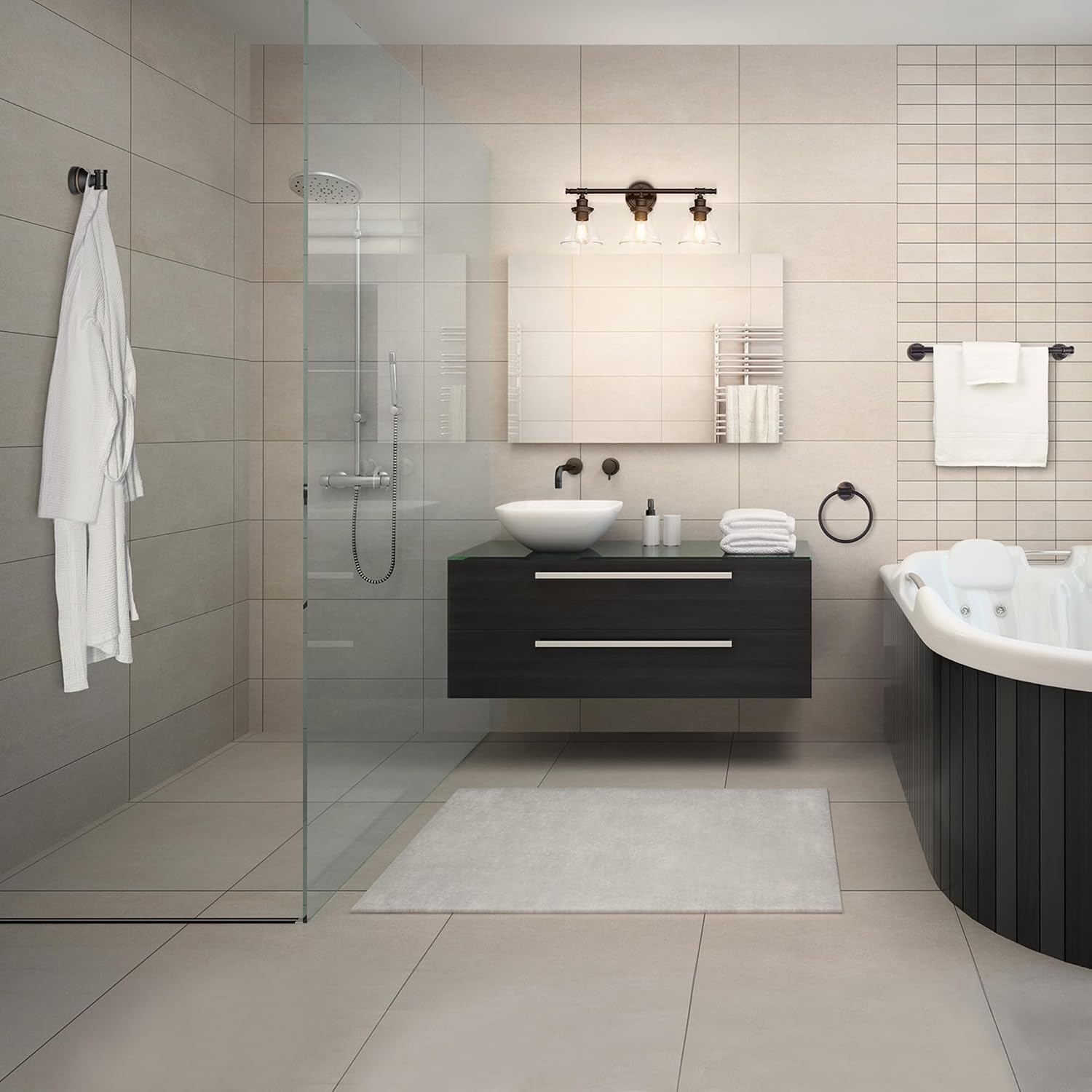 Globe Electric 50192 Parker 5-Piece All-In-One Bathroom Set, Oil Rubbed Bronze, 3-Light Vanity Light with Clear Glass Shades, Towel Bar, Towel Ring, Robe Hook, Toilet Paper Holder, Oil-rubbed Bronze