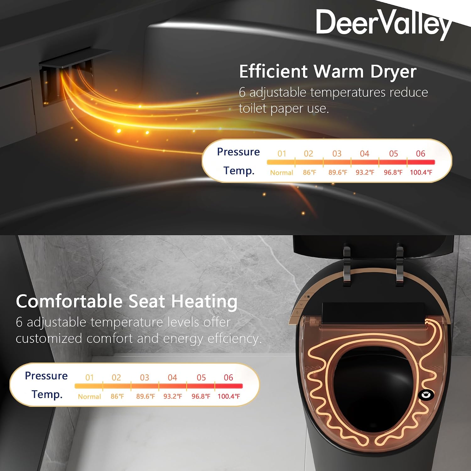 DeerValley Smart Toilet, Tankless Design with Integrated Bidet, Automatic Open/Close Lid, Auto Flush, Heated Seat, Black, Elongated