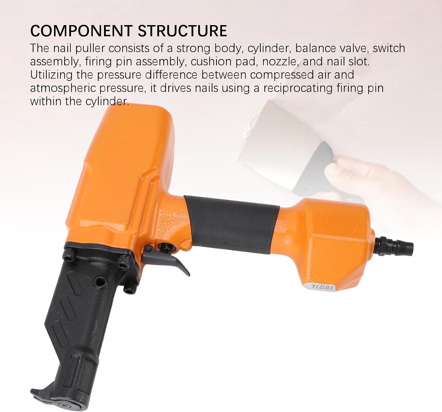Pneumatic Nail Remover, Heavy Duty Professional Air Punch Nailer Nail Remover Nail Puller for Wood Denailing, 1/4 Inch NPT Thread Air Inlet, 0.98-2.76in Nail Pulling Length