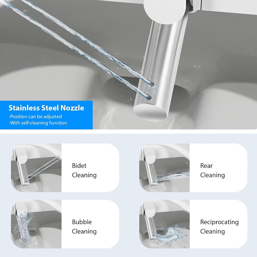 Smart Bidet Toilet Seat with Side Panel, Elongated Toilet Seat with Flush Function, Multiple Spray Patterns, Electronic Heated Bidet Seat with Warm Air Dryer, Back and Front Wash, Nightlight