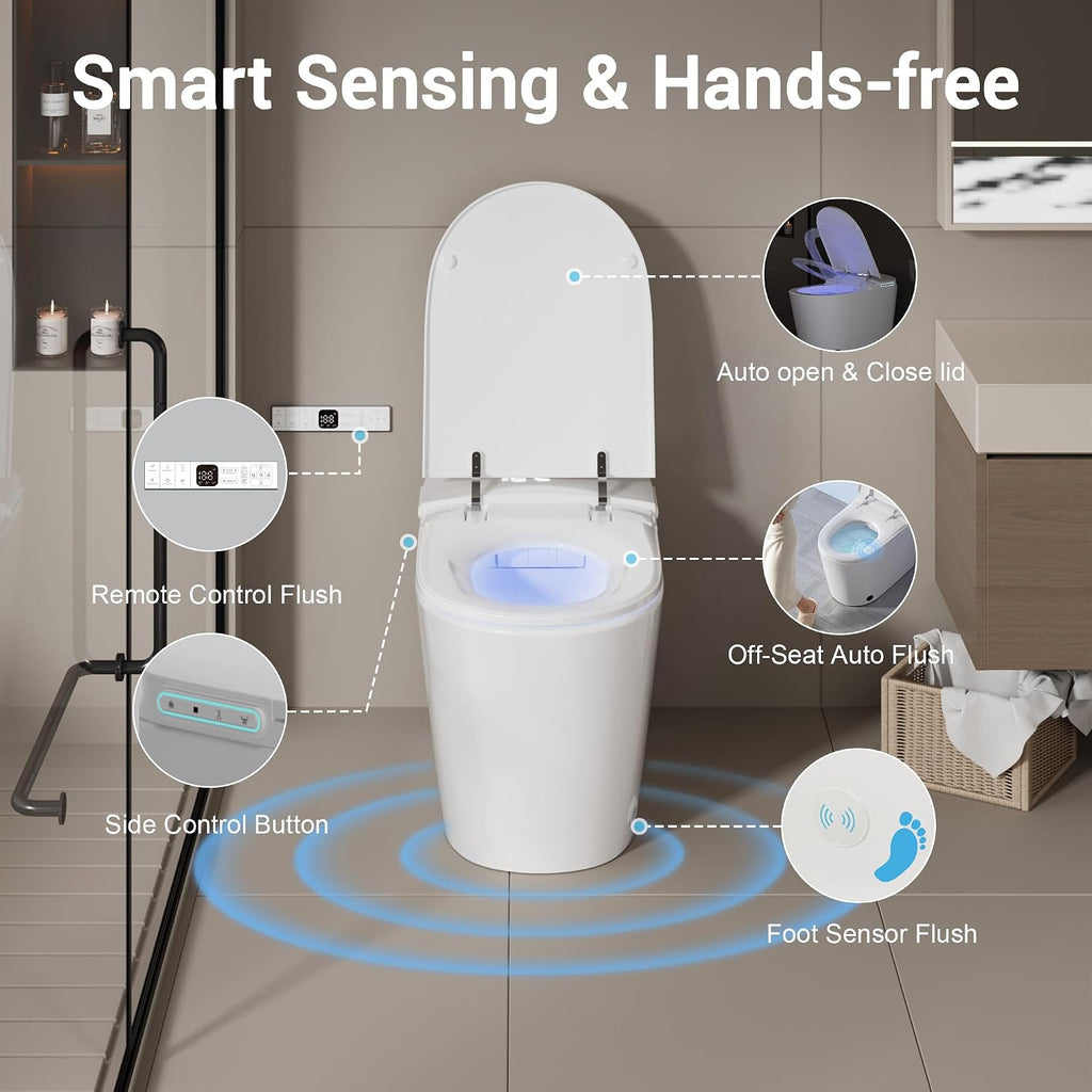 Smart Toilet with Bidet Built in, Modern Tankless Toilet for Bathroom with Heated Seat and Night Light, One Piece Toilets with Soft Close, Dryer, Foot Sensor, Auto Lid&Seat/Dual Auto Flush
