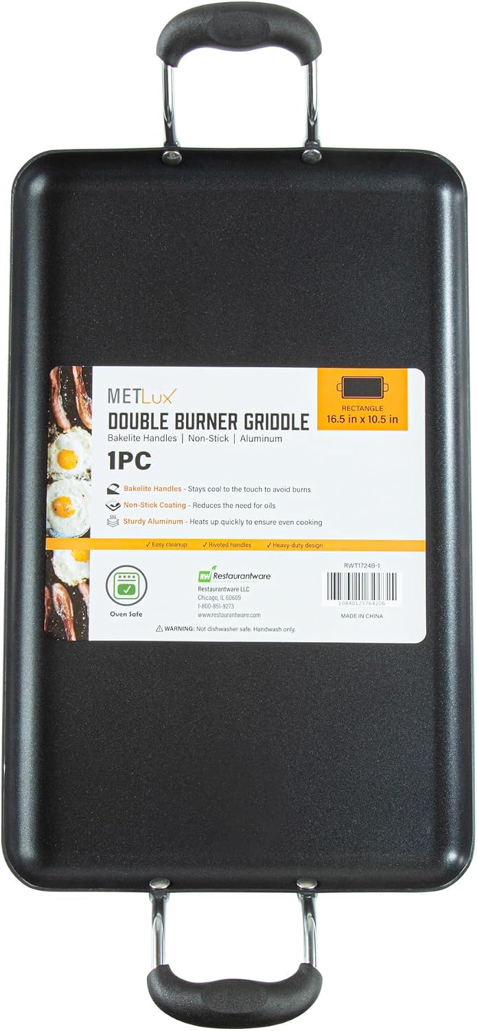 Met Lux 16.5 x 10.5 Inch Double Burner Griddles, 10 No-Stick Flat Top Grills - Cool Touch Handles, Compatible With Gas And Electric, Aluminum Griddle Pans, Even-Heating, For Eggs - Restaurantware