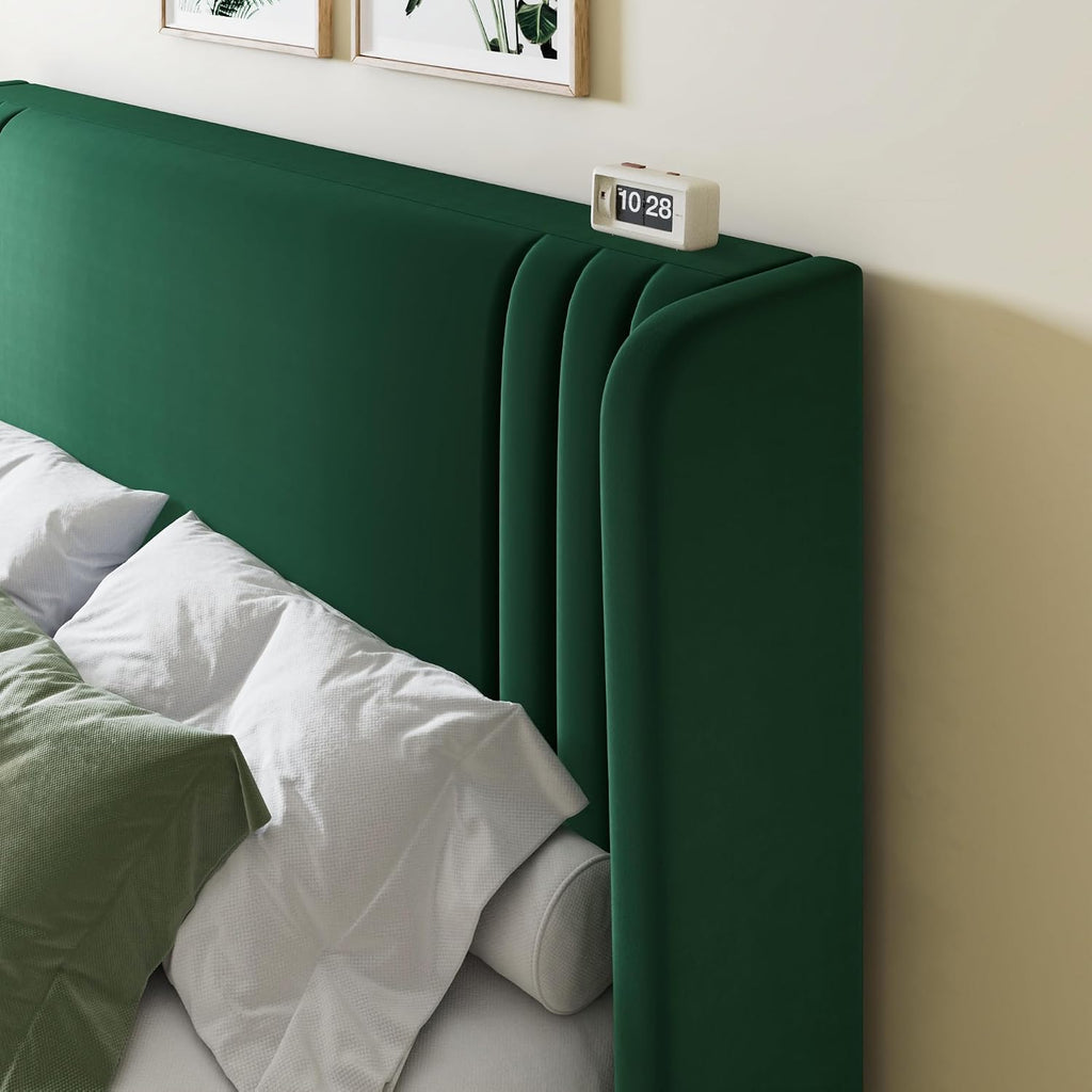 Allewie Full Size Velvet Platform Bed Frame with Vertical Tufted Wingback Headboard, Easy Assembly, Under Bed Storage, No Box Spring Required, Modern Style, Green