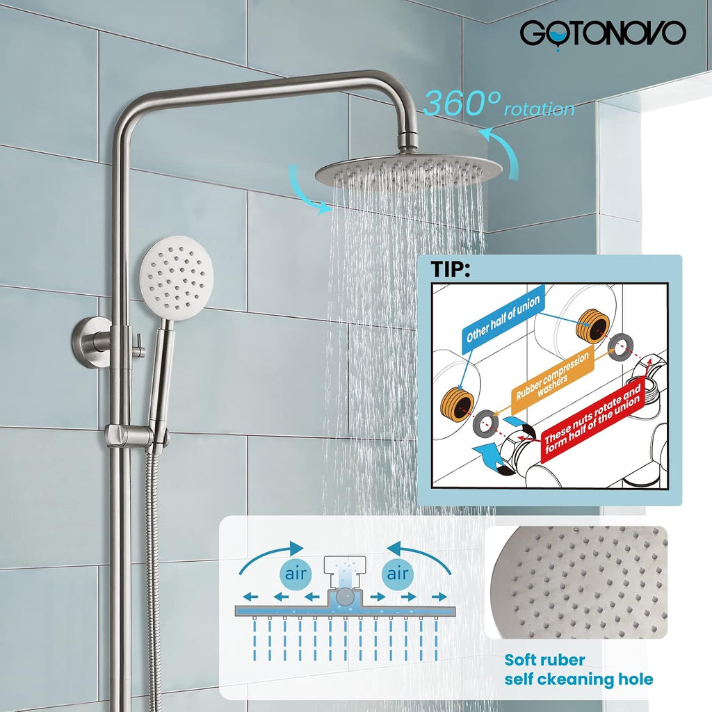 gotonovo Stainless Steel SUS304 Silver Shower faucet Set Wall Mount Triple Function Shower System 8 inches Shower Head Bathroom Adjustable Hand Spray Rainfall Brushed Nickel Shower Faucet Complete Set