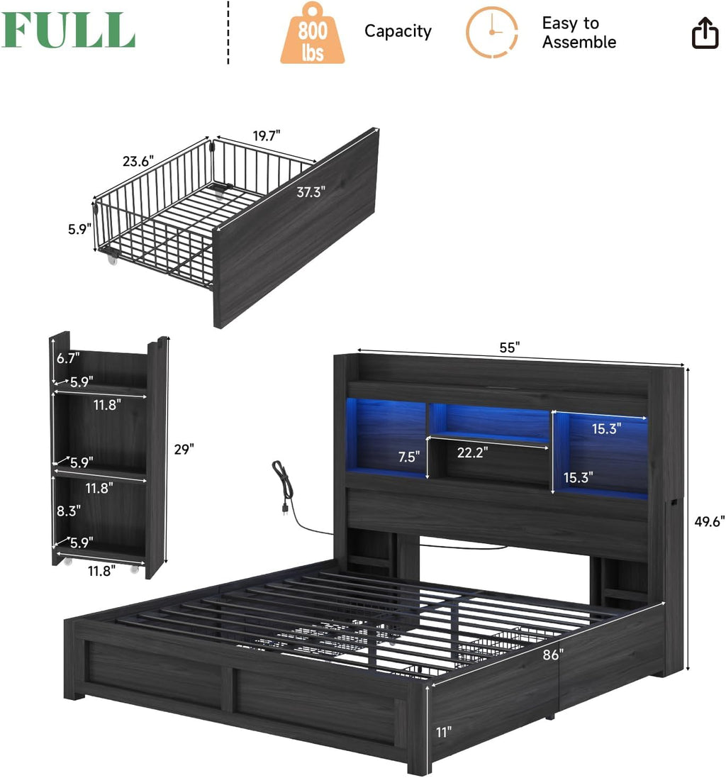 AMERLIFE Full Size Bed Frame with 4 Storage Drawers, LED Bed Frame with 49.6' Tall Bookcase Headboard, Wood Platform Bed with Charging Station & 2 Slide Bedside Shelf, No Box Spring Needed/Black