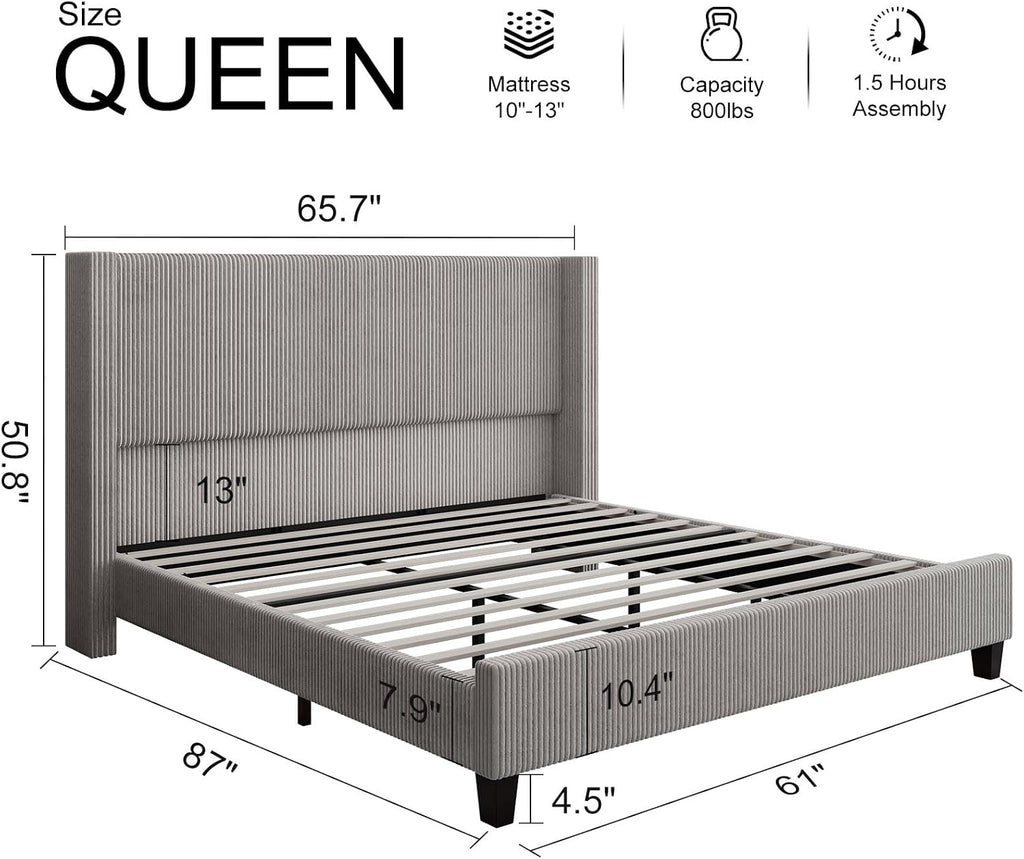 HOWE Queen Size Bed Frame with 50.8' Tall Wingback Headboard, Modern Corduroy Upholstered Platform Bed Frame with Solid Wood Slats & Legs, No Box Spring Needed, Noise-Reducing Design, Taupe