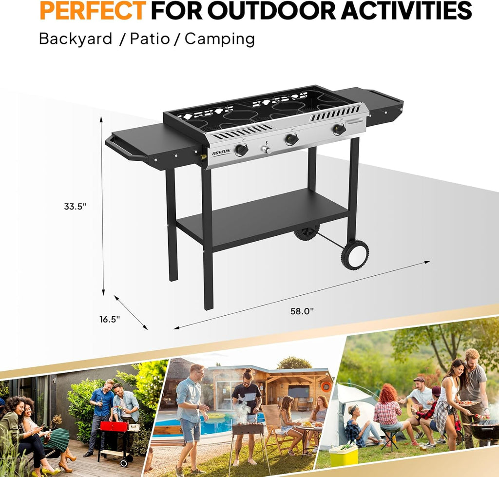 ROVSUN 3 Burner Outdoor Propane Gas Stove with Ignition, Regulator & Side Shelves, 225,000 BTU Rolling Gas Stove Outdoor Cooker for Backyard Patio Cooking Home Camping Brewing Canning Turkey Frying