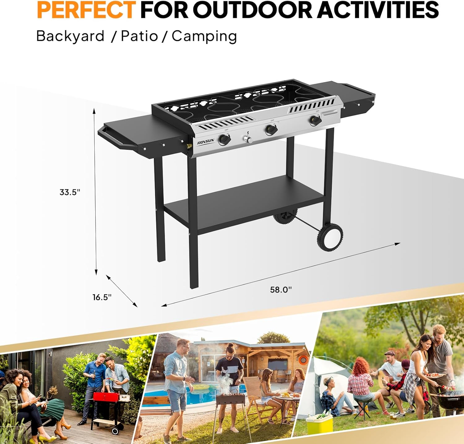 ROVSUN 3 Burner Propane Stove with Auto Ignition, 225,000 BTU Gas Stove with Side Shelves, Rolling Wheels & Regulator for Home Outdoor Backyard Camping Cooking Frying Brewing Canning
