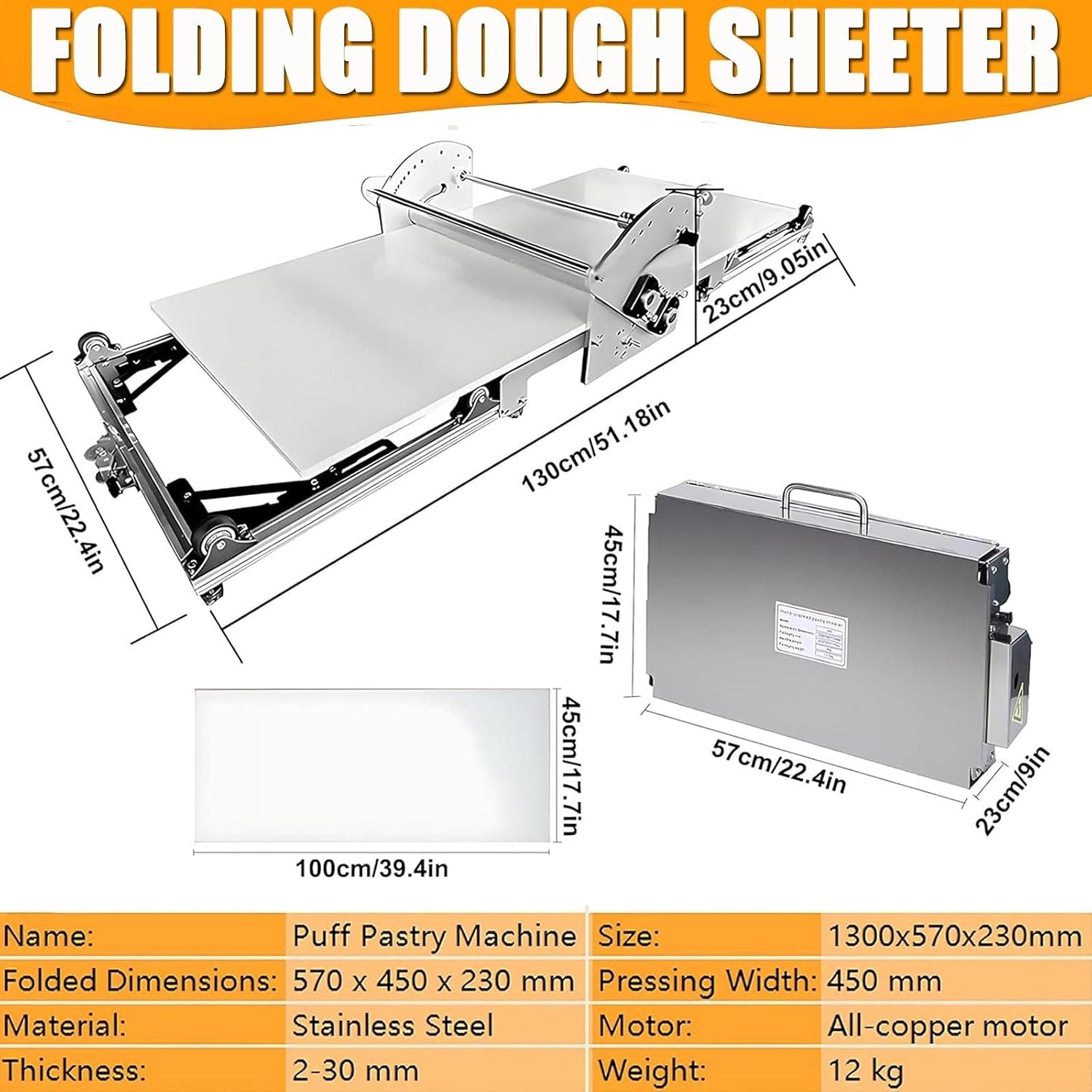 Electric Dough Sheeter For Pastry/Fondant Roller,40×17.7in Folding Stainless Steel Dough Sheeter,Adjustable Thickness Settings 0.07'-1.18',Reversible Dough Sheeter-Forward&Reverse Rolling