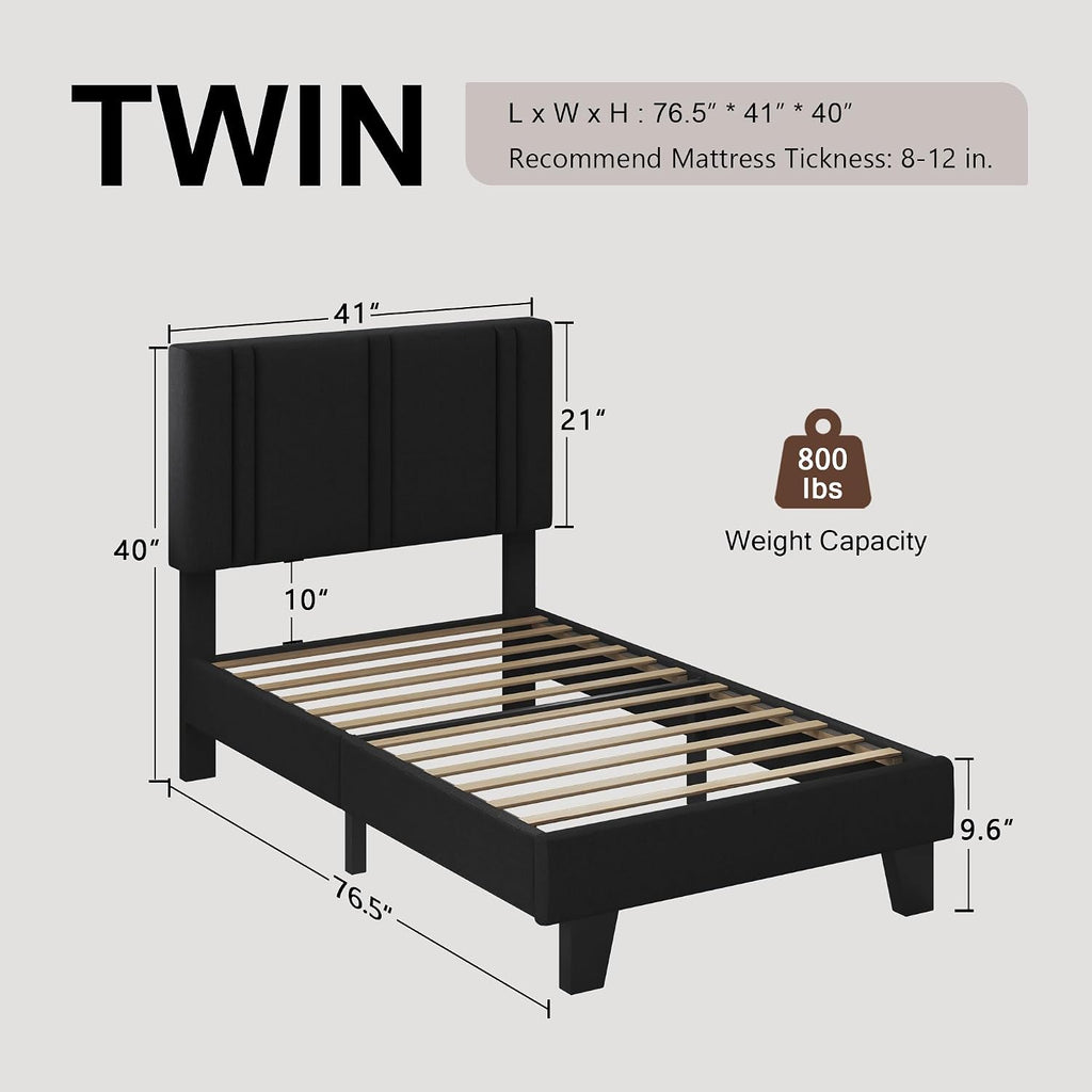 Einhomn Upholstered Twin Size Bed Frame with Linen Fabric Headboard, Strong Wooden Slats Support, Noise Free, No Box Spring Needed, Black