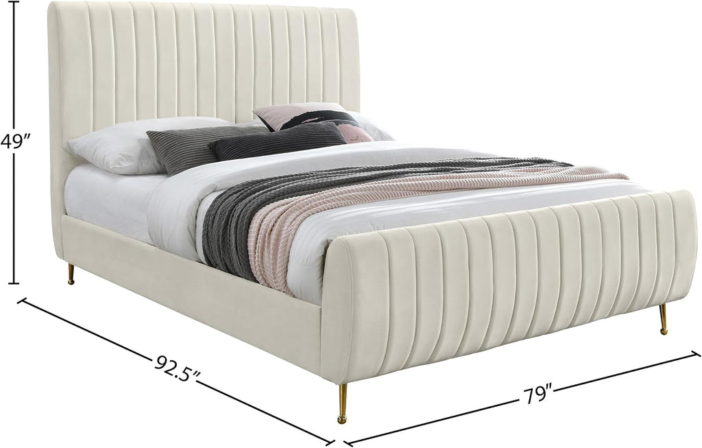Meridian Furniture Zara Collection Modern | Contemporary Velvet Upholstered Bed with Deep Channel Tufting and Custom Gold Legs, King, Cream