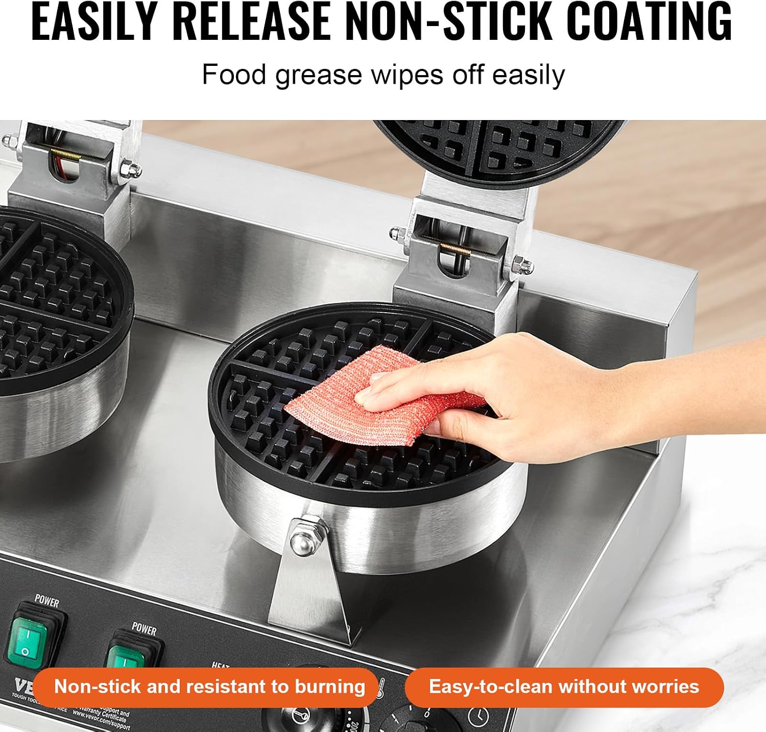 VEVOR Commercial Waffle Maker, Dual-Head Round Waffle Baker Machine, 2460W Non-Stick Stainless Steel Belgian Waffle Iron with Temp and Time Control, Handle, for Restaurant Bakery Snack Bar Family