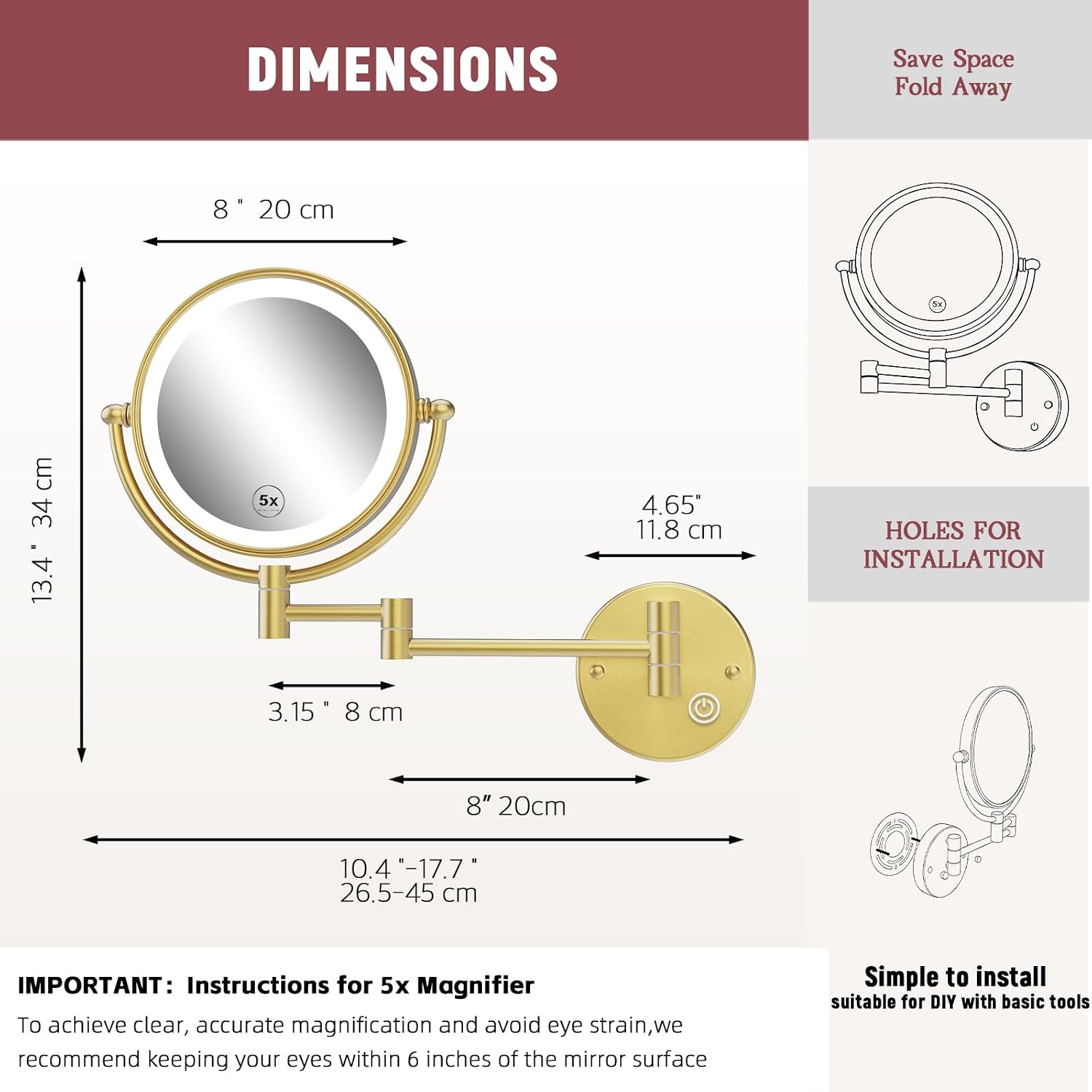 Rechargeable Wall Mount Makeup Mirror Gold for Bathroom, Upgraded Brightness 3 Colors LED Dimmable 360 Rotation Wall-Fixed Ergonomically 1X/5X Magnifying Mirror with Swing Arm, Brushed Gold