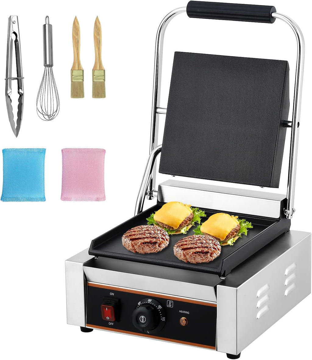 YS-811C 1800W Commercial Panini Press & Electric Grill, 9x9 Inch Sandwich Maker with 6-Temp Control, 110V Indoor Grill for Burgers, Panini, Breakfast, Silver