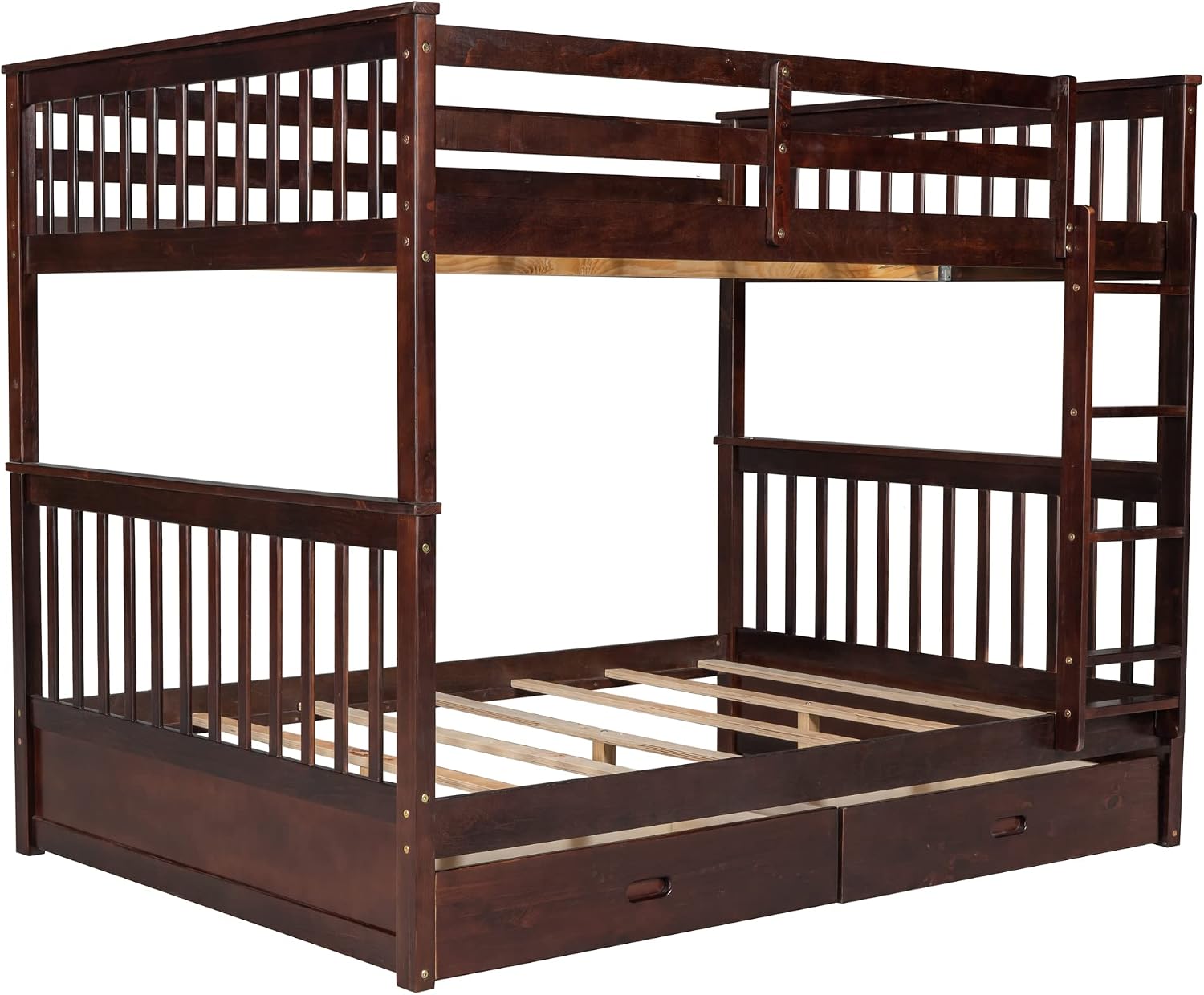 Harper & Bright Designs Full Over Full Bunk Bed with 2 Drawers, Solid Wood Platform Bed with Ladder, Full Length Guardrail and Headboard, No Spring Box Needed, Espresso