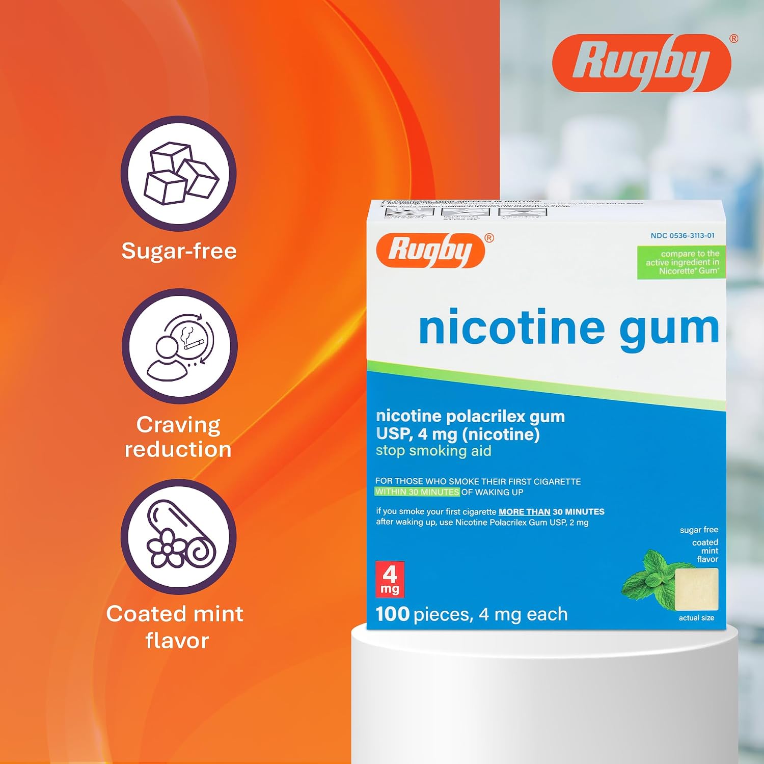 Rugby Polacrilex 4mg Nicotine Gum - Mint Flavor, Quit Smoking and Vaping Aid, Sugar-Free, 100 Count (4-Pack)