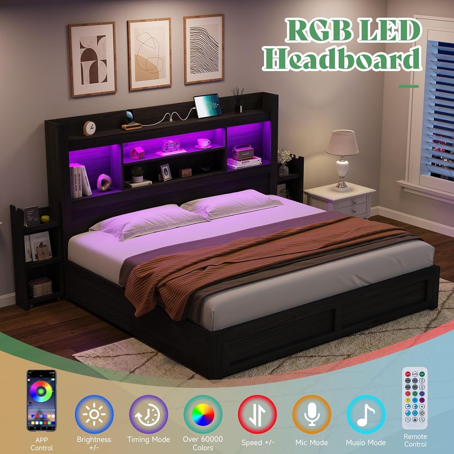 AMERLIFE California King Size Bed Frame with 4 Storage Drawers, LED Bed Frame with 49.6' Tall Bookcase Headboard, Wood Platform Bed with Charging Station & 2 Slide Bedside Shelf, Black
