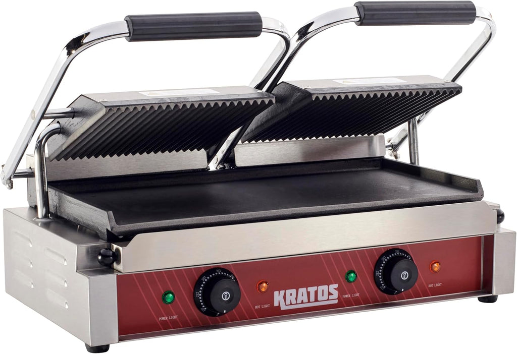 Kratos Commercial Electric Panini Sandwich Grill with Grooved Top and Smooth Bottom Plates, 18.7'x9' Cooking Surface, Commercial Countertop Panini Press, 120V, 3500W (29Y-025)