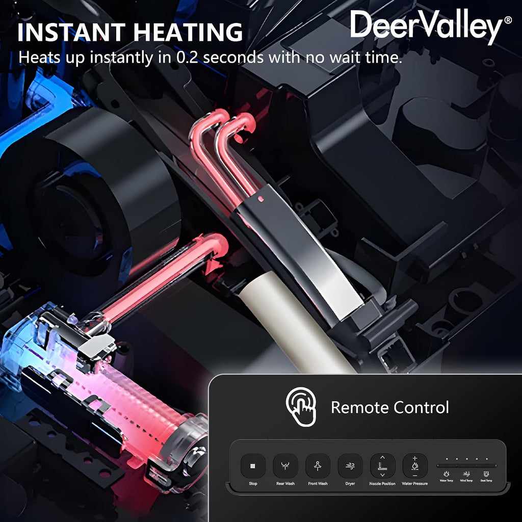 DeerValley Smart Toilet, Tankless Design with Integrated Bidet, Automatic Open/Close Lid, Auto Flush, Heated Seat, Black, Elongated