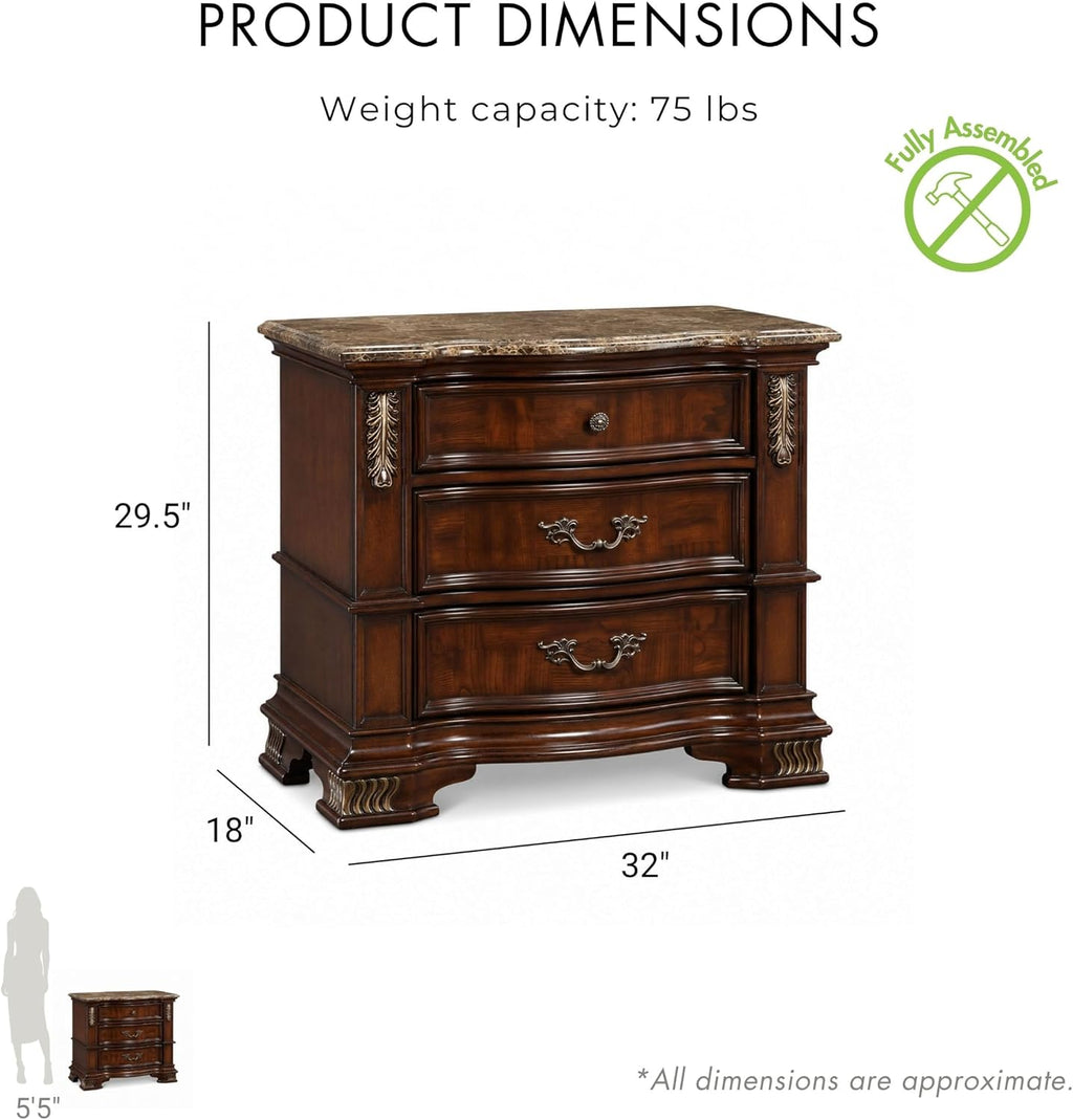 Furniture of America Clairibel Wood 3-Piece Bedroom Set, Queen-Size Bed with Button-Tufted Headboard, Marble Top Nightstand & Dovetail Drawers, Box Spring Required, Brown Cherry