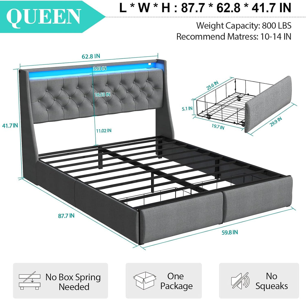Doltoro Queen Bed Frame with Headboard and 2 Storage Drawers, Upholstered Wingback Platform Bed Frame Queen Size with Charging Station & LED, Noise Free, No Box Spring Needed, Easy Assembly, Grey