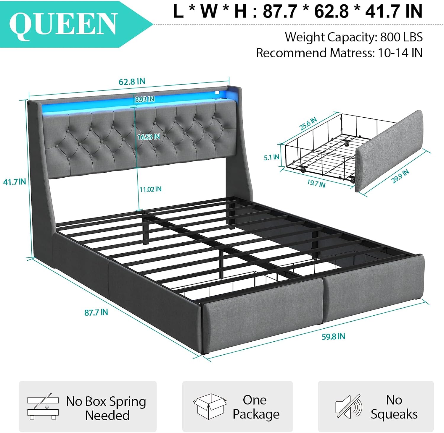 Doltoro Queen Bed Frame with Headboard and 2 Storage Drawers, Upholstered Wingback Platform Bed Frame Queen Size with Charging Station & LED, Noise Free, No Box Spring Needed, Easy Assembly, Grey