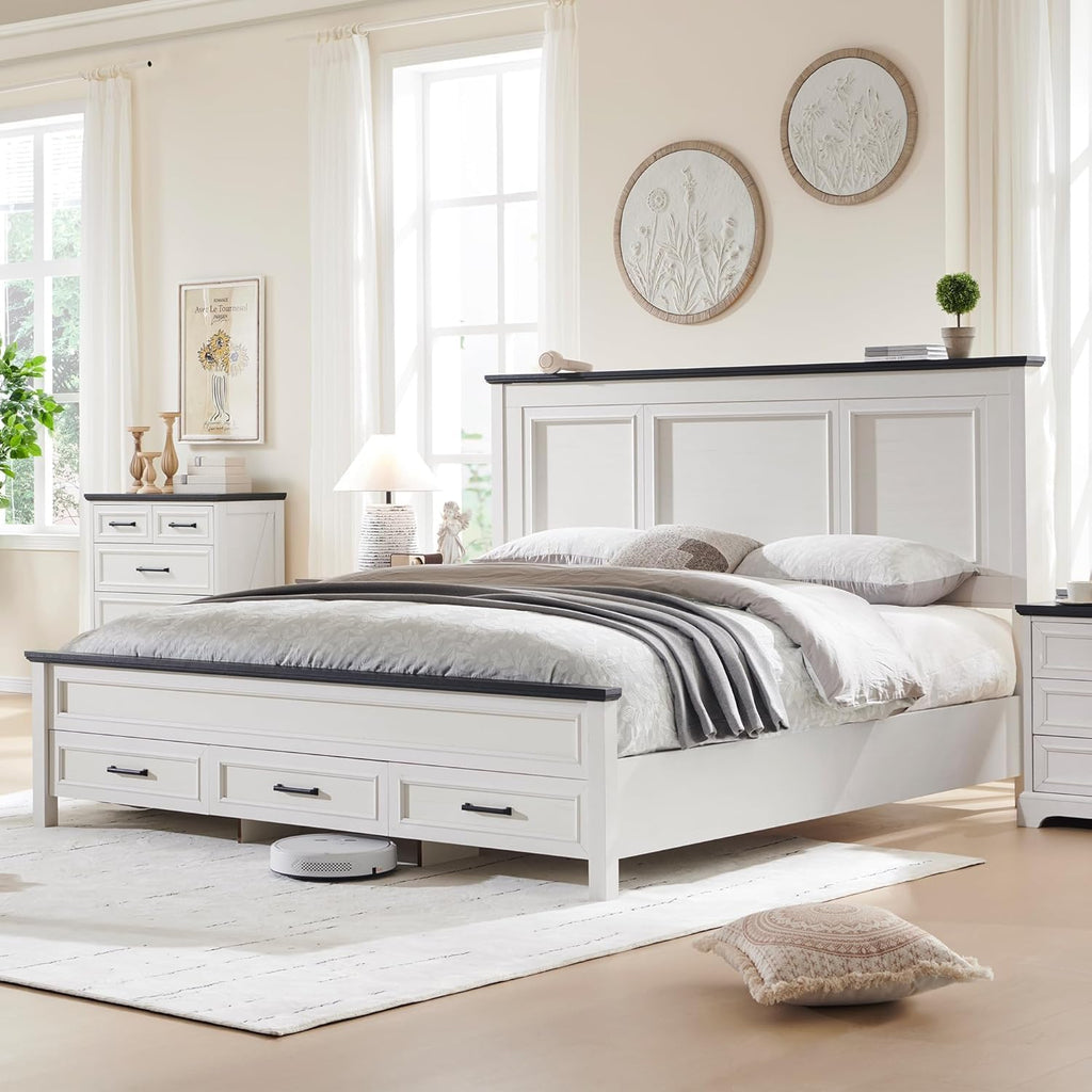 JXQTLINGMU Farmhouse King Wood Bed Frame with 52' Tall Headboard & 20' H Footboard, Platform Bedframe with Hidden Storage Drawers, Noiseless, No Box Spring Required, Off White