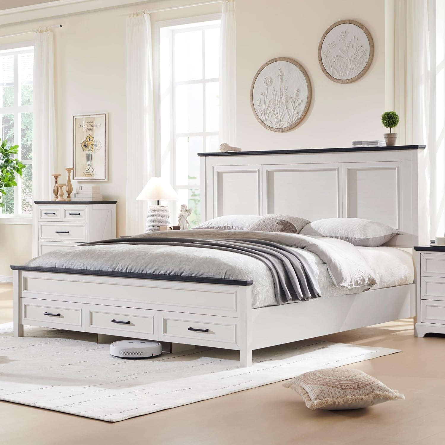 JXQTLINGMU Farmhouse King Wood Bed Frame with 52' Tall Headboard & 20' H Footboard, Platform Bedframe with Hidden Storage Drawers, Noiseless, No Box Spring Required, Off White