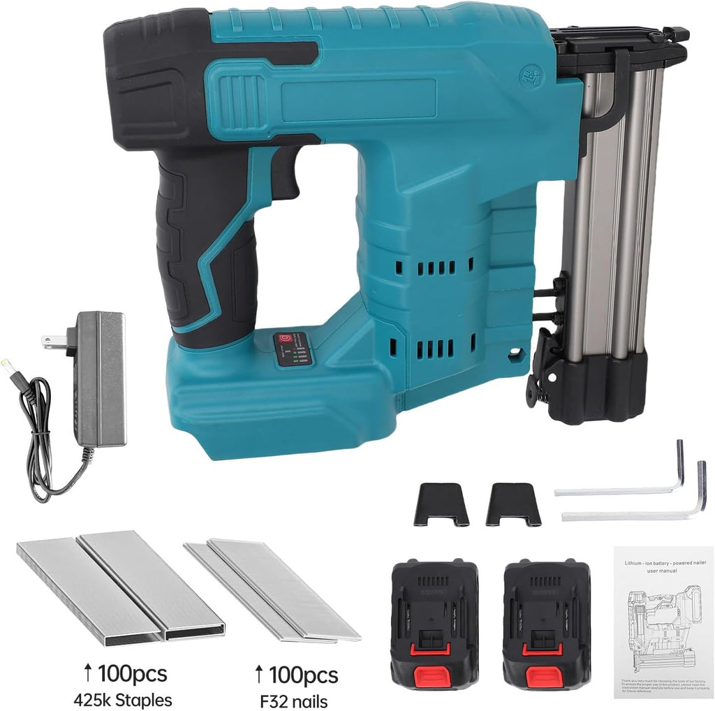 Cordless Brad Nailer, 50W 20V Electric Stapler with 2 x 2.0Ah Battery, 100pcs Nails and 100pcs Staples Battery Powered Nail Gun for Woodworking, Home Improvement (US Plug)