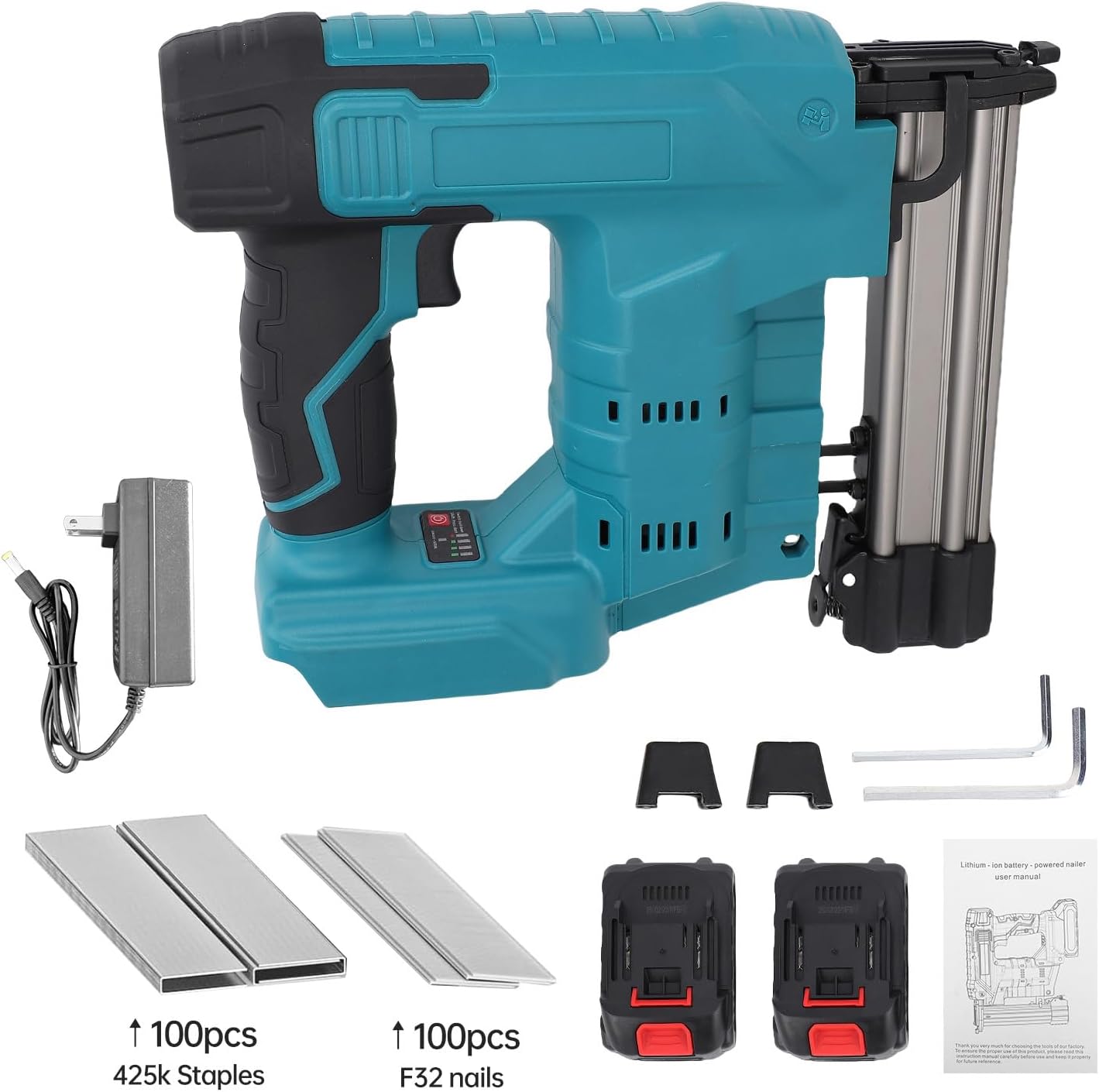 Cordless Brad Nailer, 50W 20V Electric Stapler with 2 x 2.0Ah Battery, 100pcs Nails and 100pcs Staples Battery Powered Nail Gun for Woodworking, Home Improvement (US Plug)