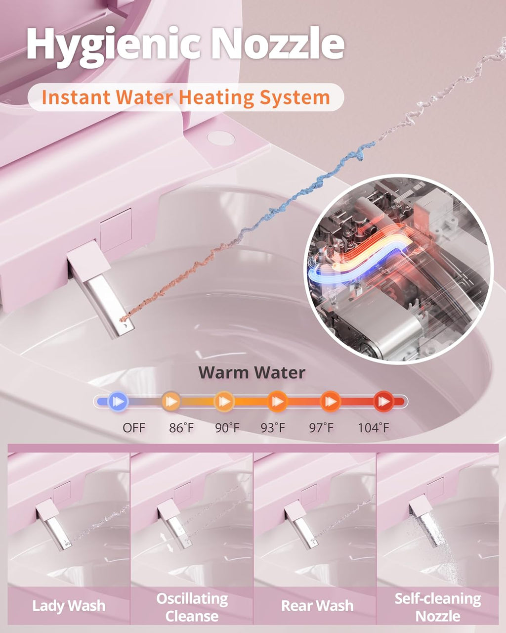 CANEST Pink Smart Toilet with Bidet Built In, ADA Comfort Height Bidet Toilet with Tank, Auto Open&Close Lid, Adaptive Heated Seat Warm Water Dryer, Foot Sensor, 1000g MAP Flush, Remote Control