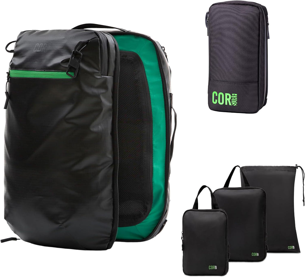 COR Surf Carry On Travel Backpack Bundle | Island Hopper Travel Backpack with Toiletry Bag and Compression Packing Cube Set