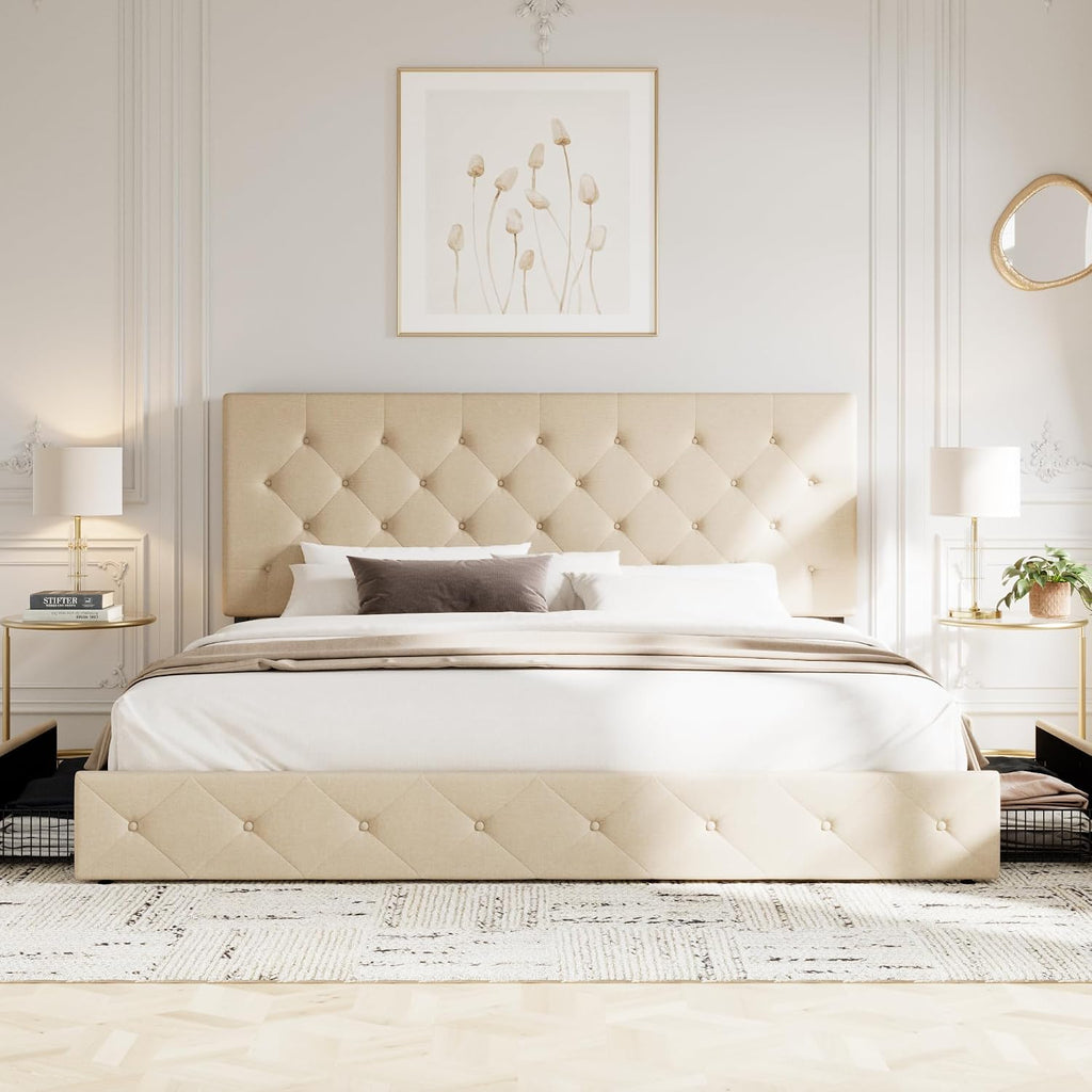 Allewie Upholstered King Size Platform Bed Frame with 4 Storage Drawers and Headboard, Diamond Stitched Button Tufted, Mattress Foundation with Wooden Slats Support, No Box Spring Needed, Beige