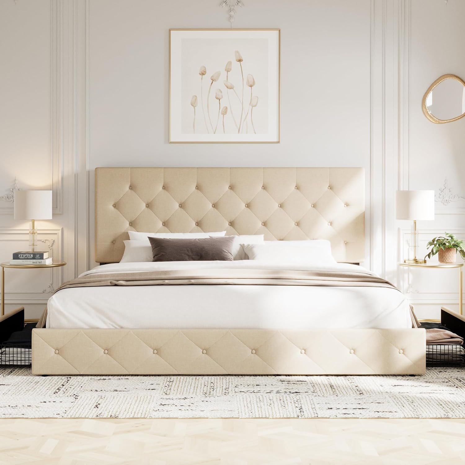 Allewie Upholstered King Size Platform Bed Frame with 4 Storage Drawers and Headboard, Diamond Stitched Button Tufted, Mattress Foundation with Wooden Slats Support, No Box Spring Needed, Beige