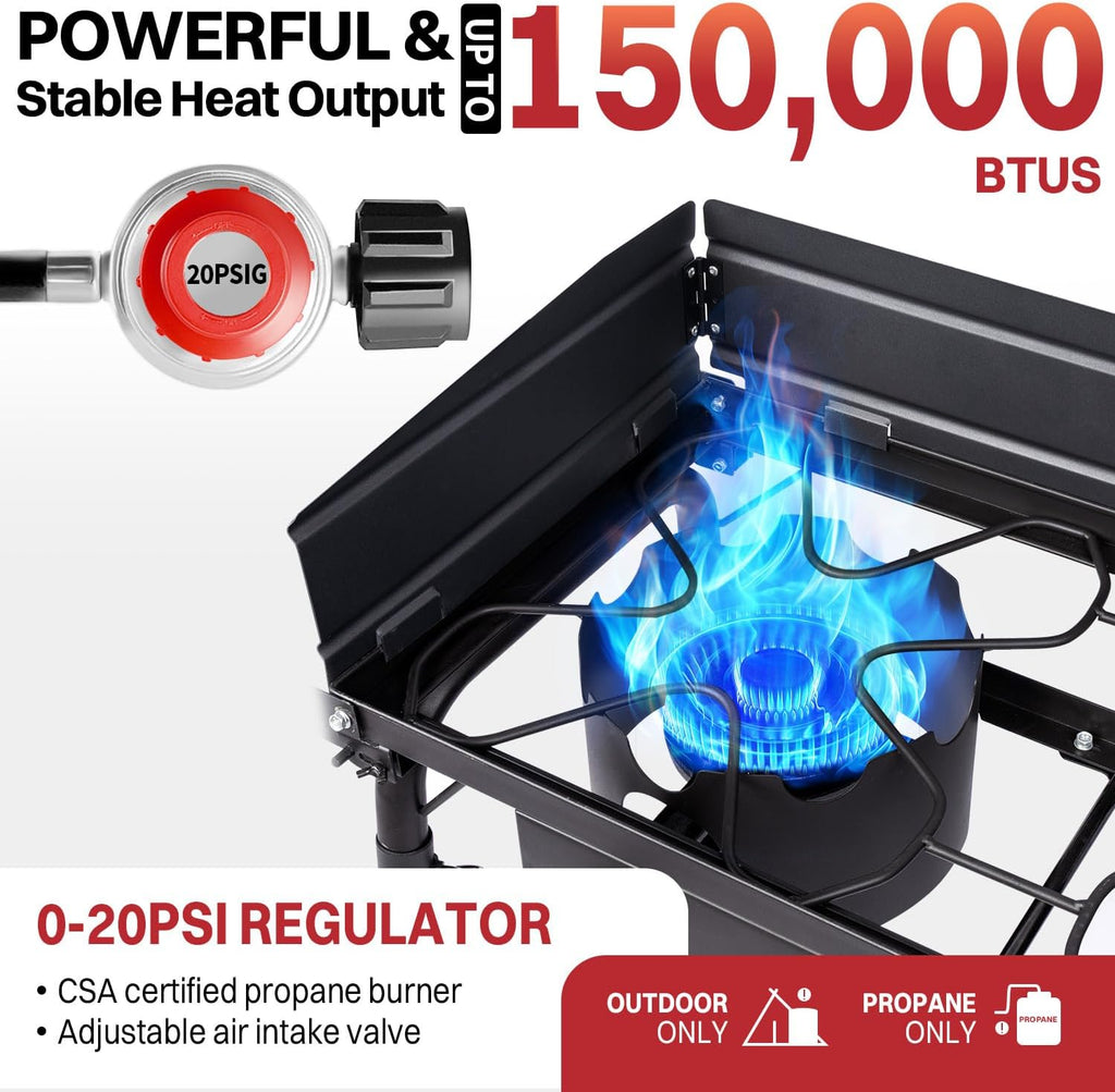 2 Burner Propane Camp Stove | 150,000 BTU Gas Burners | Side Shelves | Windscreen | Waterproof Cover | Detachable Legs | Ideal for Camping Backyard Outdoor Cooking