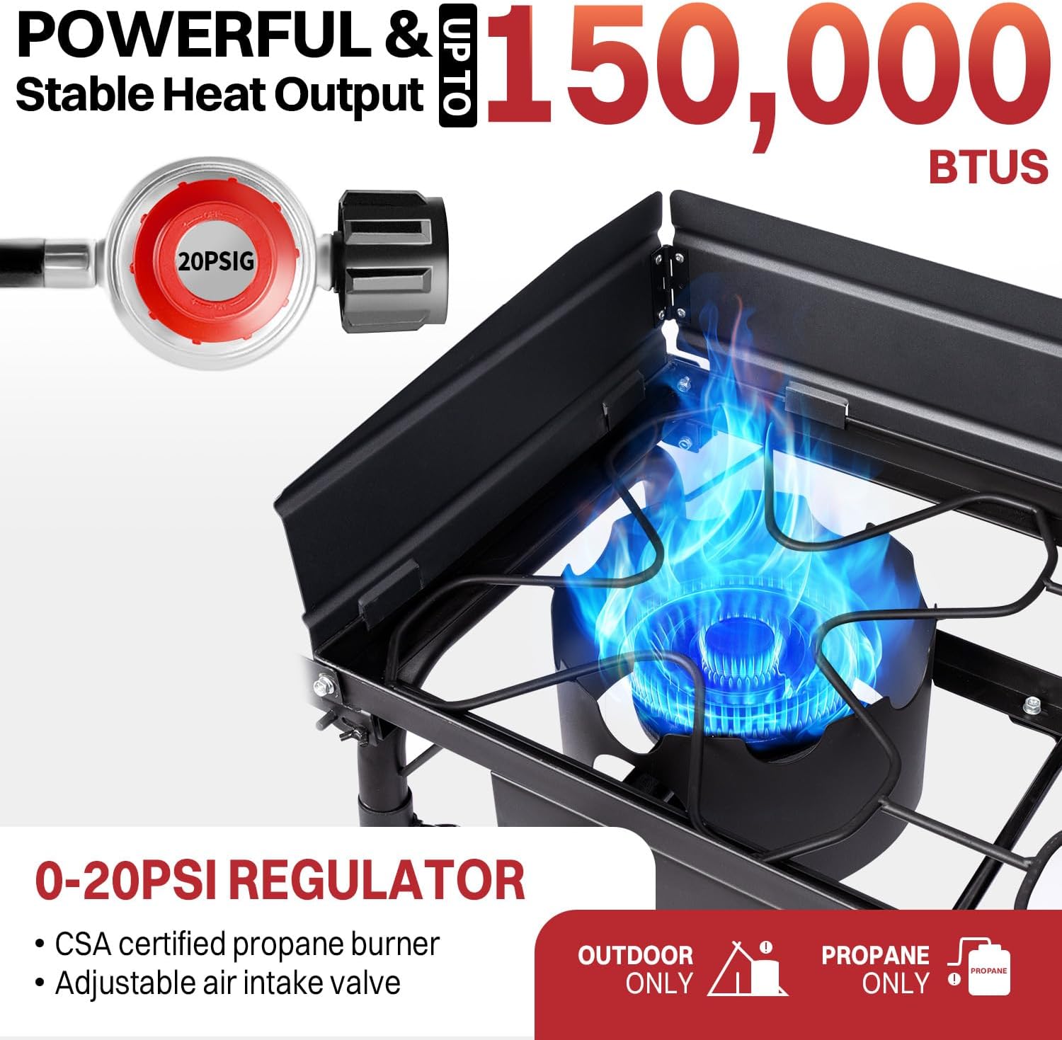 2 Burner Propane Camp Stove | 150,000 BTU Gas Burners | Side Shelves | Windscreen | Waterproof Cover | Detachable Legs | Ideal for Camping Backyard Outdoor Cooking