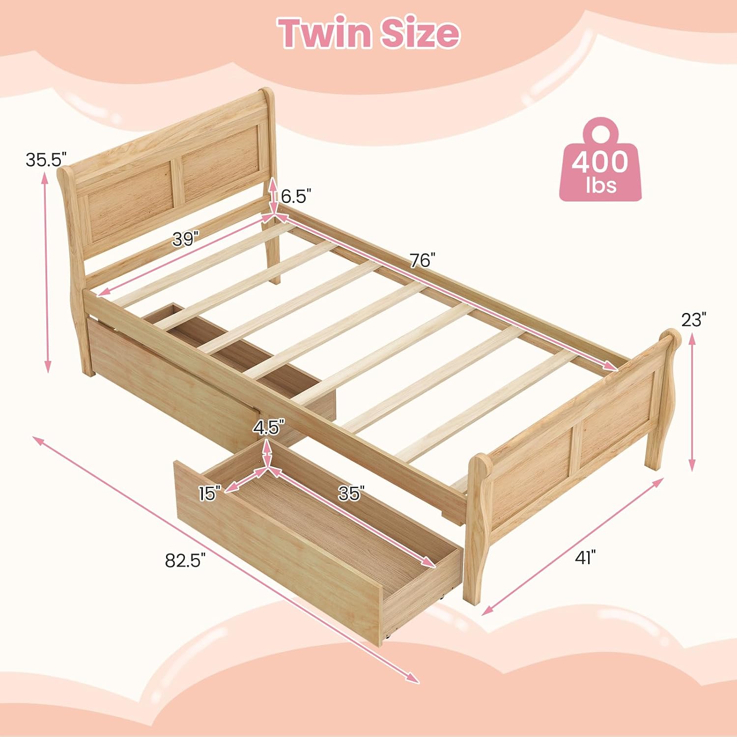 KOMFOTT 2 Twin Bed with 2 Drawers, Twin Storage Bed with Headboard for Bedroom, Sleigh Wood Bed Frame with Wooden Slats Support for Kids, Teens, Adults, No Box Spring Needed (Natural)