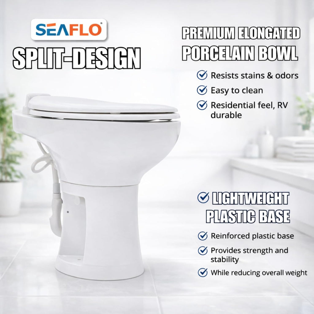 SEAFLO Porcelain RV Toilet with Sprayer Attachment - Elongated Bowl 19' Inch Residential Height, Gravity Flush, Foot Pedal Soft Close Seat Camper Motorhome Easy Install 4 -year Warranty SFRTCH-02-02