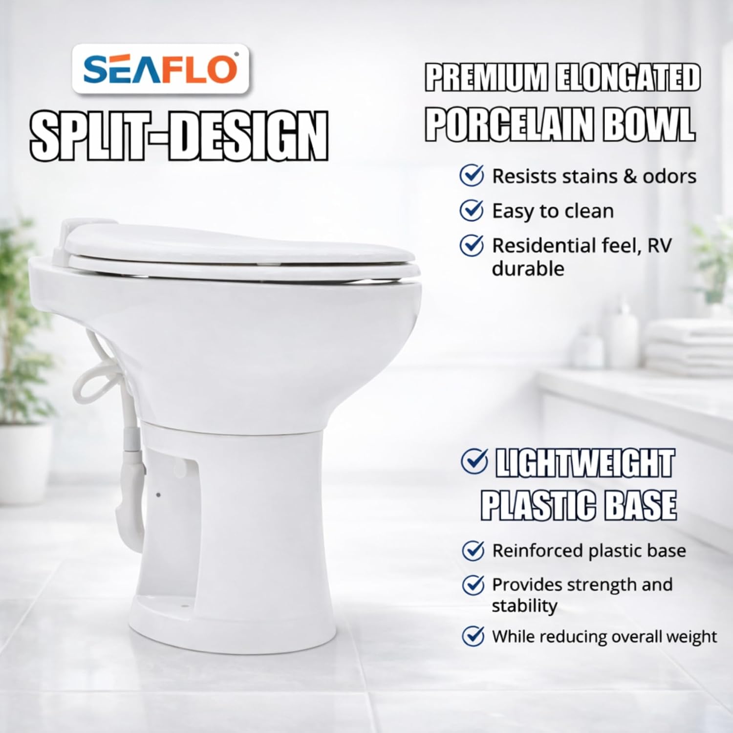 SEAFLO Porcelain RV Toilet with Sprayer Attachment - Elongated Bowl 19' Inch Residential Height, Gravity Flush, Foot Pedal Soft Close Seat Camper Motorhome Easy Install 4 -year Warranty SFRTCH-02-02